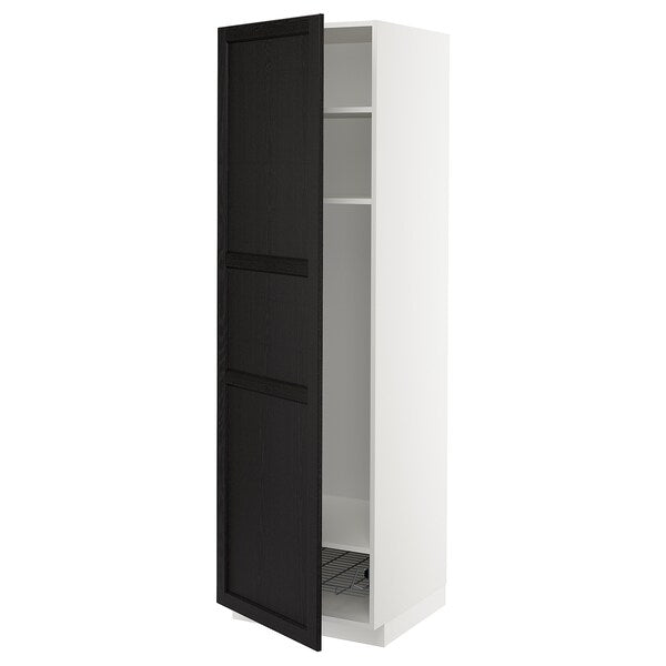 METOD high cabinet w shelves/wire basket, white/Lerhyttan black stained, 60x60x200 cm