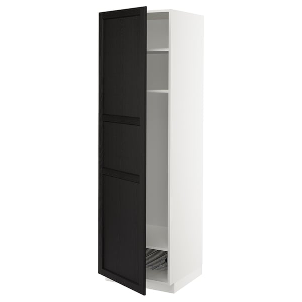 METOD high cabinet w shelves/wire basket, white/Lerhyttan black stained, 60x60x200 cm