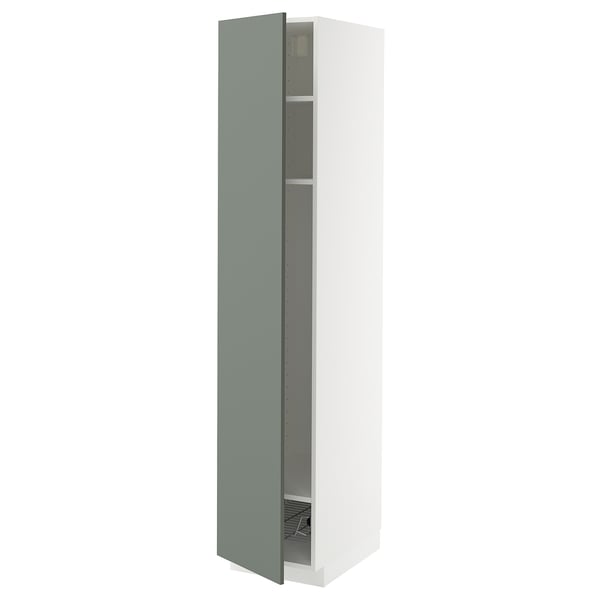 METOD high cabinet w shelves/wire basket, white/Nickebo matt grey-green, 40x60x200 cm