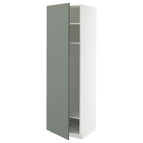 METOD high cabinet w shelves/wire basket, white/Nickebo matt grey-green, 60x60x200 cm