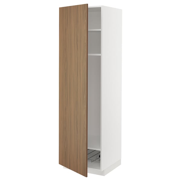 METOD high cabinet w shelves/wire basket, white/Tistorp brown walnut effect, 60x60x200 cm