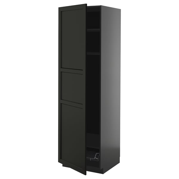 METOD high cabinet w shelves/wire basket, black-grey/Lerhyttan black stained, 60x60x200 cm