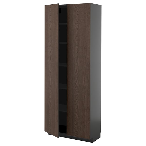 METOD high cabinet with shelves, black-grey/Sinarp brown, 80x37x200 cm