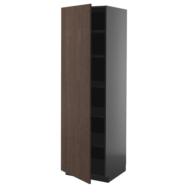 METOD high cabinet with shelves, black-grey/Sinarp brown, 60x60x200 cm