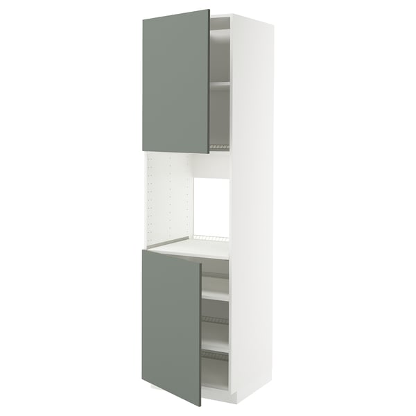 METOD high cab f oven w 2 doors/shelves, white/Nickebo matt grey-green, 60x60x220 cm