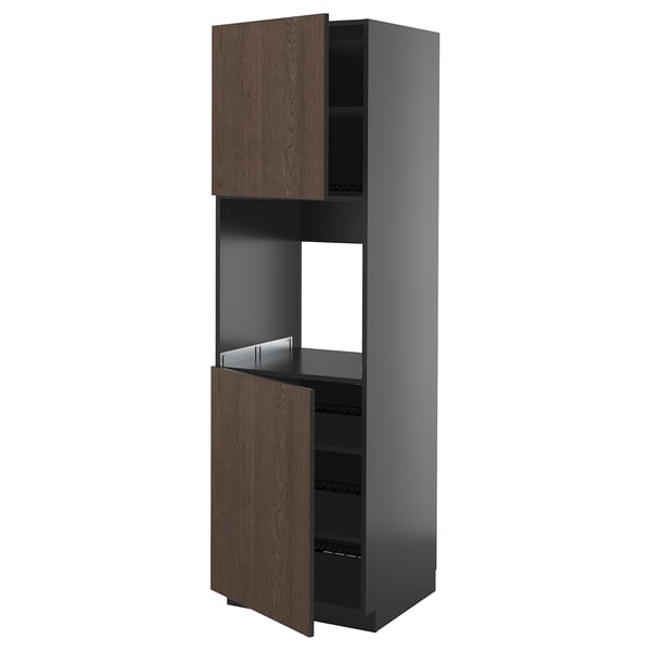 METOD high cab f oven w 2 doors/shelves, black-grey/Sinarp brown, 60x60x200 cm