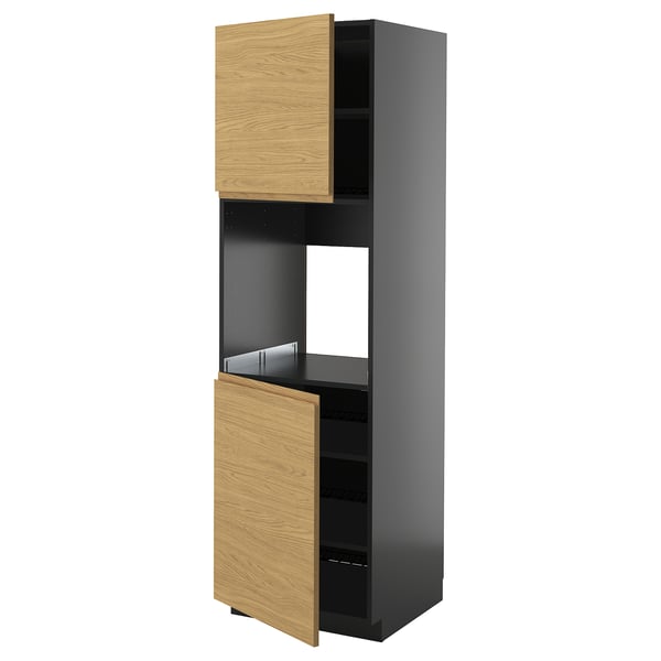 METOD high cab f oven w 2 doors/shelves, black-grey/Voxtorp oak effect, 60x60x200 cm