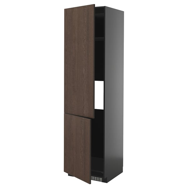 METOD high cab f fridge/freezer w 2 doors, black-grey/Sinarp brown, 60x60x220 cm