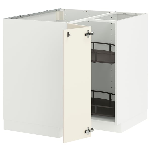 METOD corner base cabinet with carousel, white/Bodbyn off-white, 88x88 cm