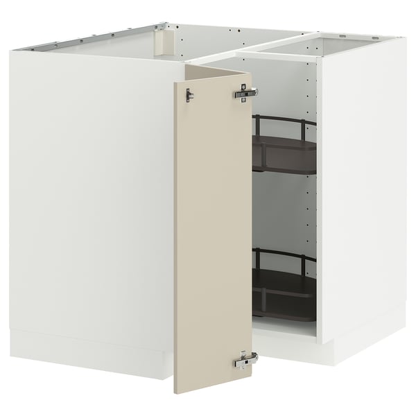 METOD corner base cabinet with carousel, white/Havstorp beige, 88x88 cm