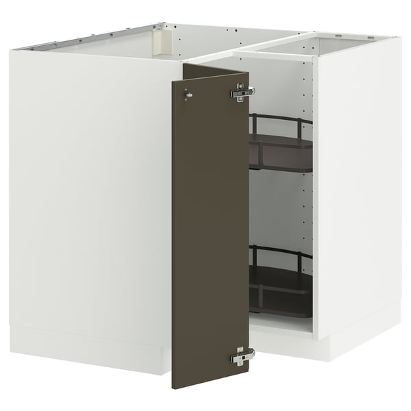 METOD corner base cabinet with carousel, white/Havstorp brown-beige, 88x88 cm