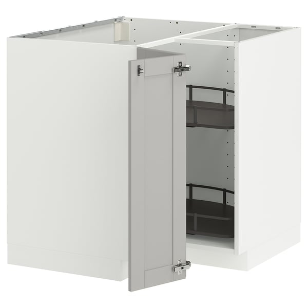 METOD corner base cabinet with carousel, white/Lerhyttan light grey, 88x88 cm