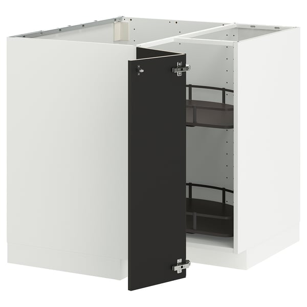 METOD corner base cabinet with carousel, white/Nickebo matt anthracite, 88x88 cm