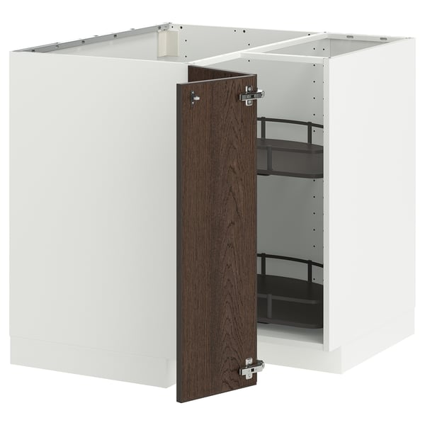 METOD corner base cabinet with carousel, white/Sinarp brown, 88x88 cm