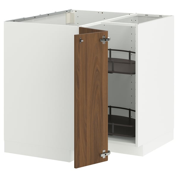 METOD corner base cabinet with carousel, white/Tistorp brown walnut effect, 88x88 cm