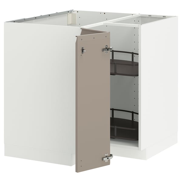 METOD corner base cabinet with carousel, white/Upplöv matt dark beige, 88x88 cm