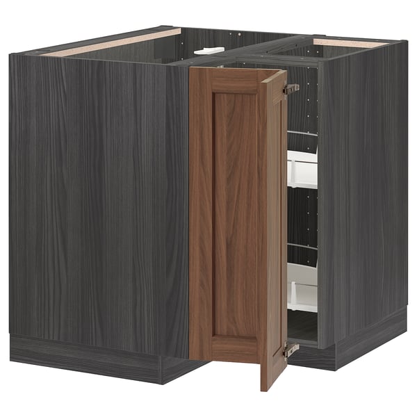 METOD corner base cabinet with carousel, black Enköping/brown walnut effect