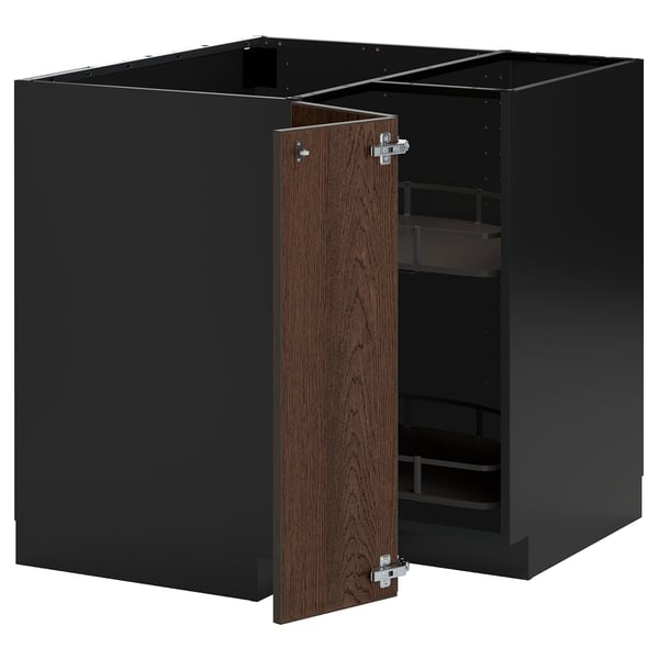 METOD corner base cabinet with carousel, black-grey/Sinarp brown, 88x88 cm