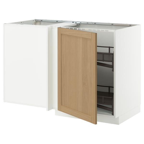 METOD corner base cab w pull-out fitting, white/Forsbacka oak, 128x68 cm