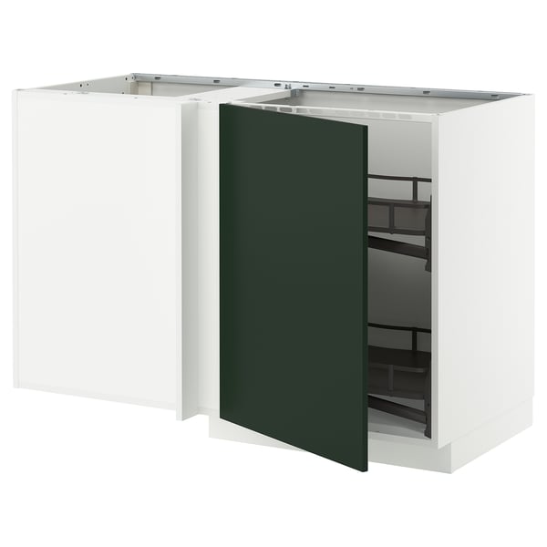 METOD corner base cab w pull-out fitting, white/Havstorp deep green, 128x68 cm