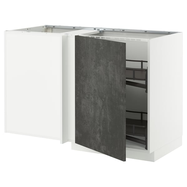 METOD corner base cab w pull-out fitting, white/Kalhyttan dark grey concrete effect, 128x68 cm