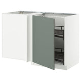 METOD corner base cab w pull-out fitting, white/Nickebo matt grey-green, 128x68 cm