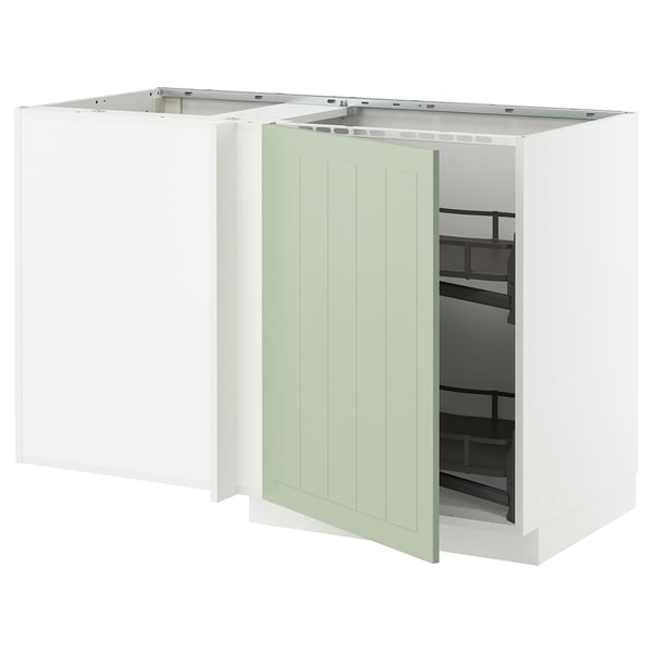 METOD corner base cab w pull-out fitting, white/Stensund light green, 128x68 cm