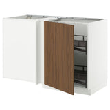 METOD corner base cab w pull-out fitting, white/Tistorp brown walnut effect, 128x68 cm