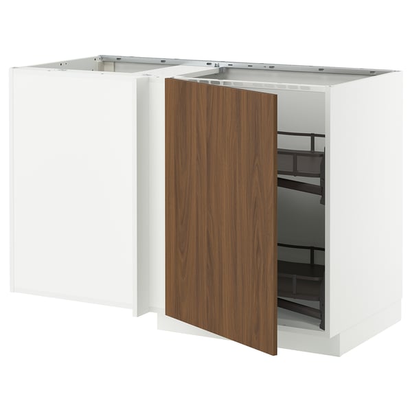 METOD corner base cab w pull-out fitting, white/Tistorp brown walnut effect, 128x68 cm