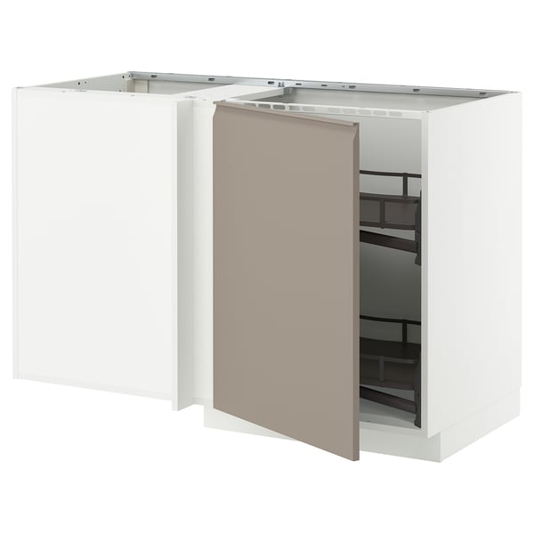 METOD corner base cab w pull-out fitting, white/Upplöv matt dark beige, 128x68 cm
