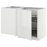METOD corner base cab w pull-out fitting, white/Voxtorp high-gloss/white, 128x68 cm