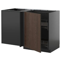 METOD corner base cab w pull-out fitting, black-grey/Sinarp brown, 128x68 cm