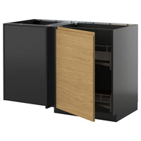 METOD corner base cab w pull-out fitting, black-grey/Voxtorp oak effect, 128x68 cm