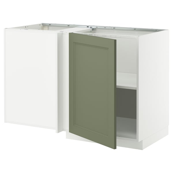 METOD corner base cabinet with shelf, white/Axstad grey-green, 128x68 cm
