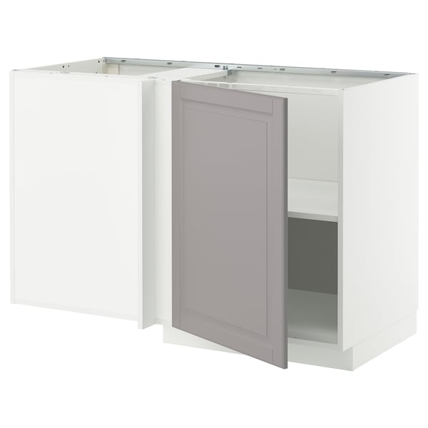 METOD corner base cabinet with shelf, white/Bodbyn grey, 128x68 cm