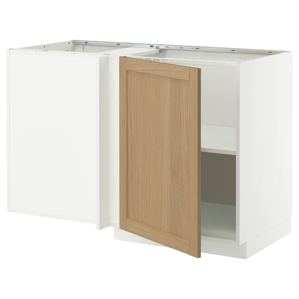 METOD corner base cabinet with shelf, white/Forsbacka oak, 128x68 cm