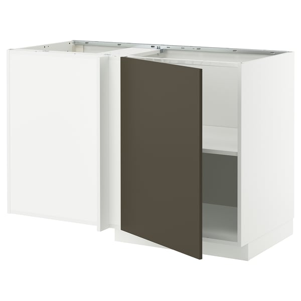METOD corner base cabinet with shelf, white/Havstorp brown-beige, 128x68 cm