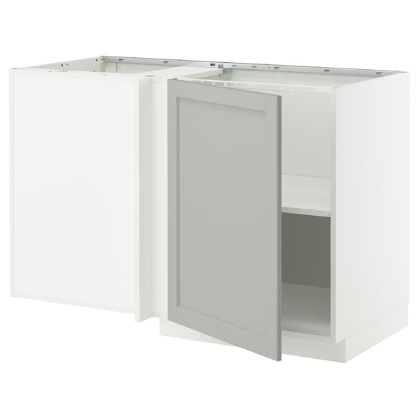 METOD corner base cabinet with shelf, white/Lerhyttan light grey, 128x68 cm