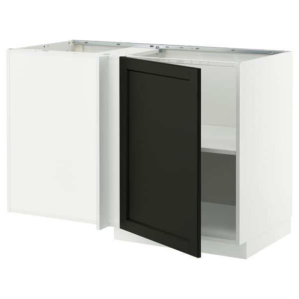 METOD corner base cabinet with shelf, white/Lerhyttan black stained, 128x68 cm