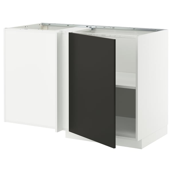METOD corner base cabinet with shelf, white/Nickebo matt anthracite, 128x68 cm