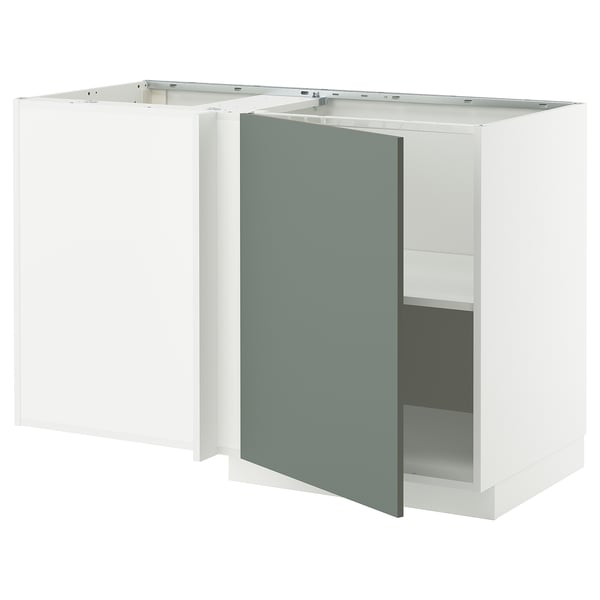 METOD corner base cabinet with shelf, white/Nickebo matt grey-green, 128x68 cm