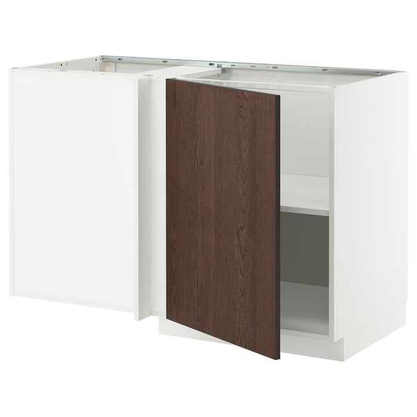 METOD corner base cabinet with shelf, white/Sinarp brown, 128x68 cm