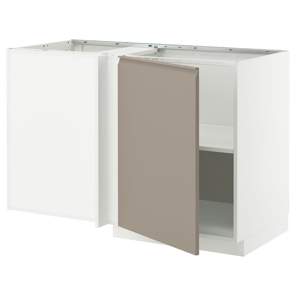 METOD corner base cabinet with shelf, white/Upplöv matt dark beige, 128x68 cm