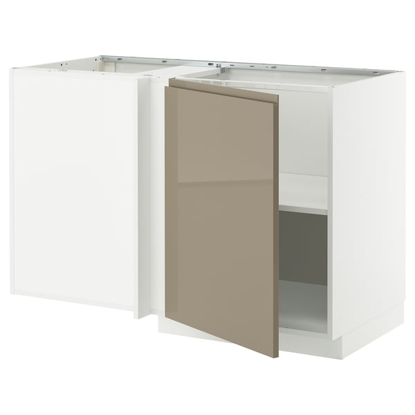 METOD corner base cabinet with shelf, white/Voxtorp high-gloss dark grey-brown, 128x68 cm