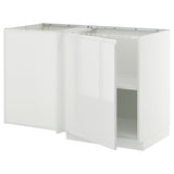 METOD corner base cabinet with shelf, white/Voxtorp high-gloss/white, 128x68 cm