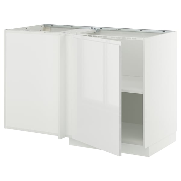 METOD corner base cabinet with shelf, white/Voxtorp high-gloss/white, 128x68 cm