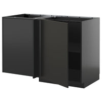 METOD corner base cabinet with shelf, black-grey/Nickebo matt anthracite, 128x68 cm