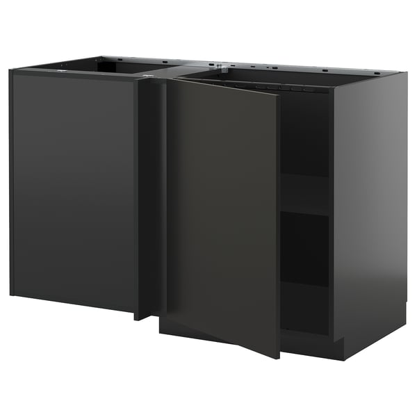 METOD corner base cabinet with shelf, black-grey/Nickebo matt anthracite, 128x68 cm
