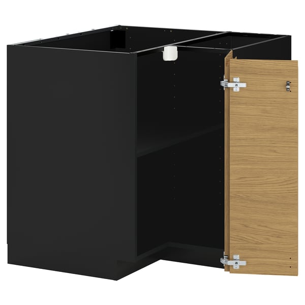 METOD corner base cabinet with shelf, black-grey/Voxtorp oak effect, 88x88 cm