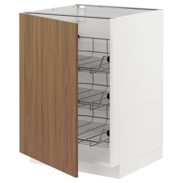 METOD base cabinet with wire baskets, white/Tistorp brown walnut effect, 60x60 cm